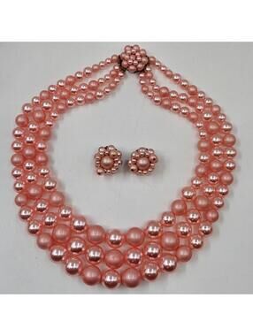 Vintage 1950s Pink Faux Pearl Necklace & Clip Earrings Set 3 Strand Mid Century